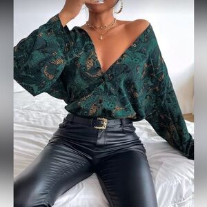 Patterned Shirt Jacket - Teal and Gold